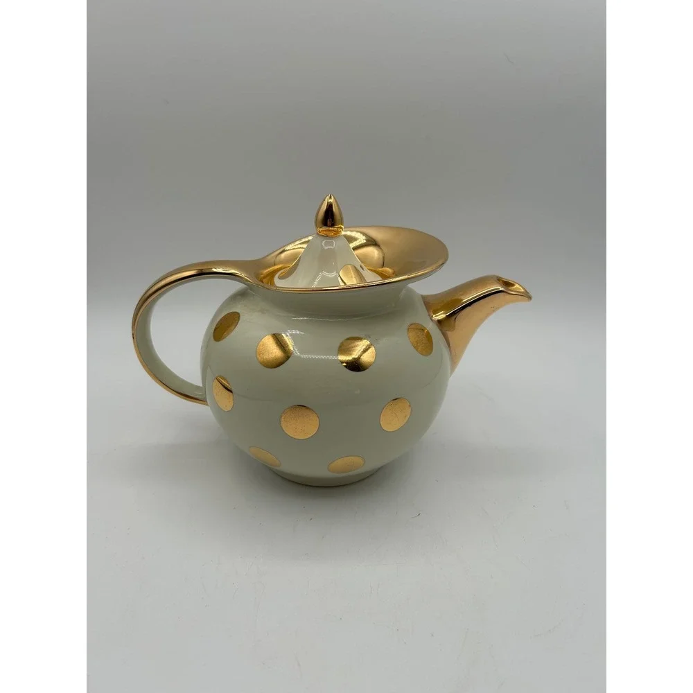 Hall Teapot 6 Cup Cream Ivory Gold Dot Vintage Mid Century Modern Ceramic